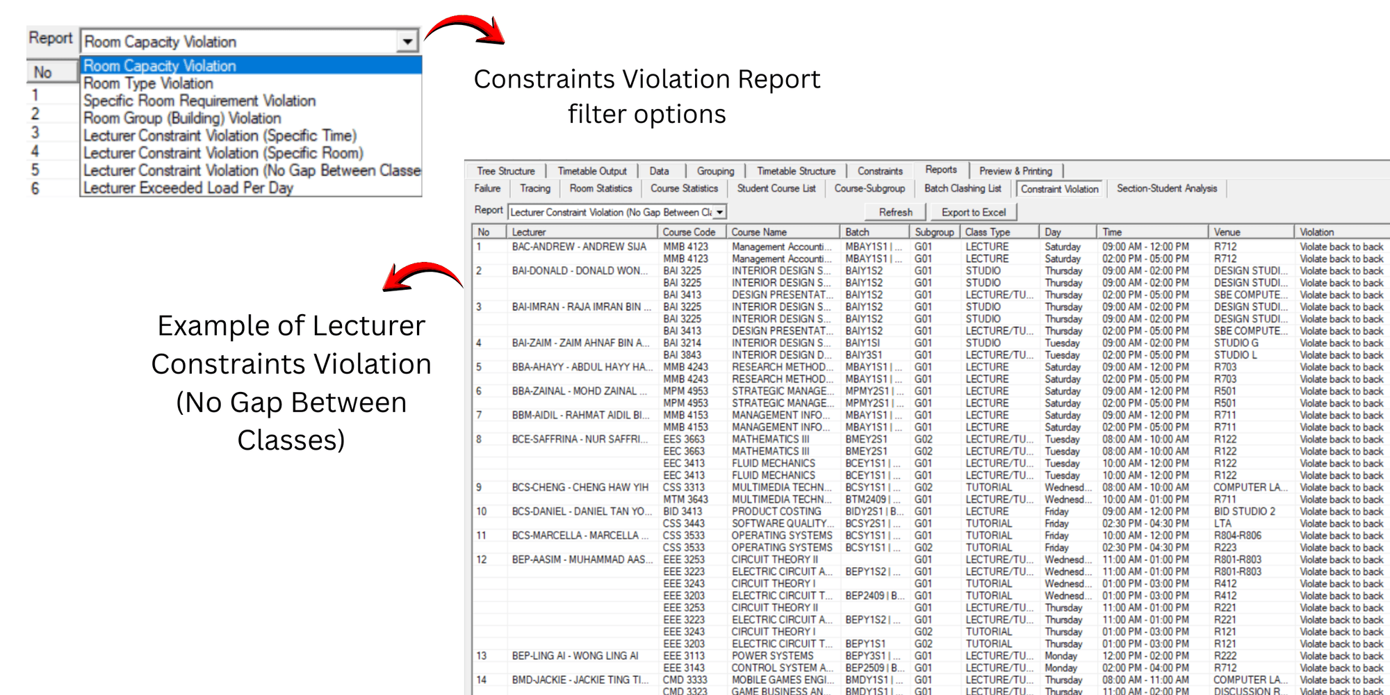 Timetable Plus Class, Constraint Violation Report