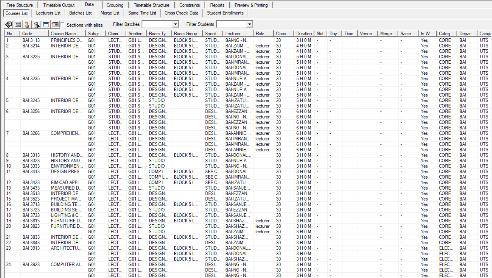Timetable Plus Class, Course List