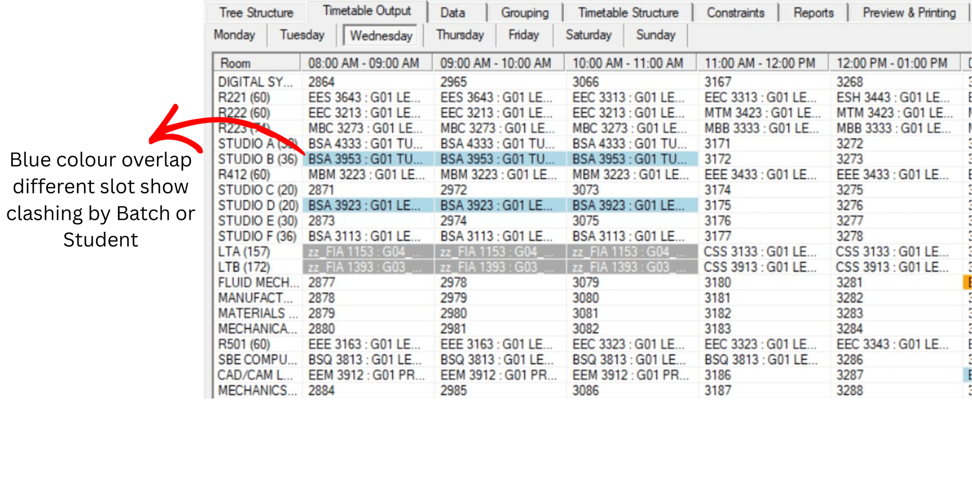 Timetable Plus Class, Highlighting Clashing Sections