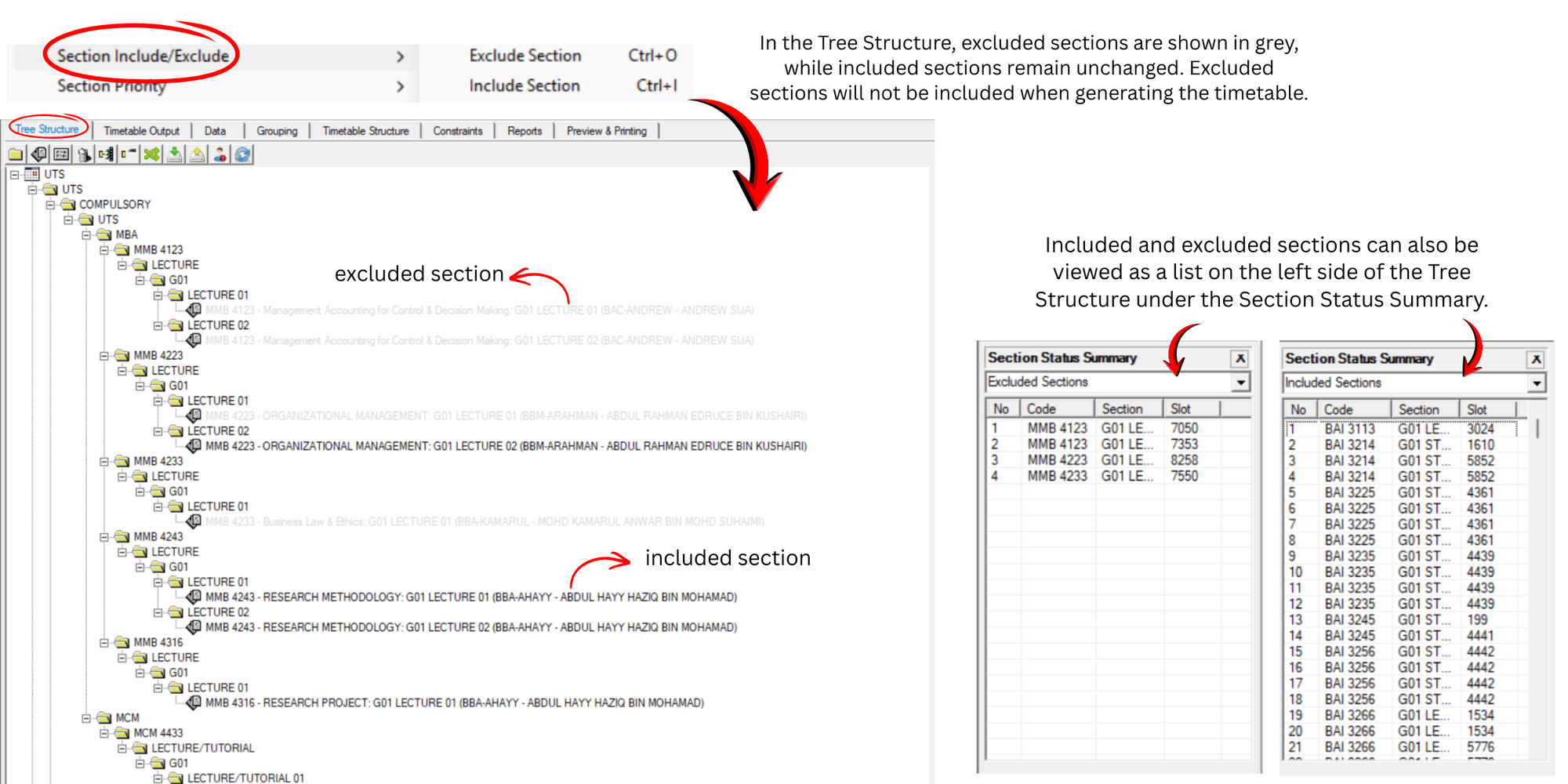 Timetable Plus Class, Include / Exclude Section