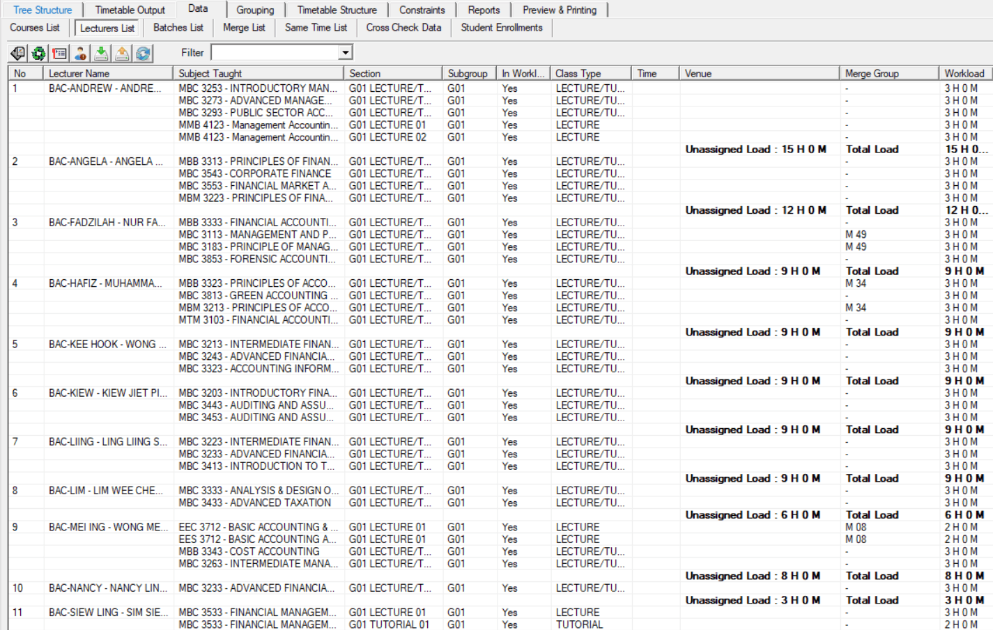 Timetable Plus Class, Lecturer List