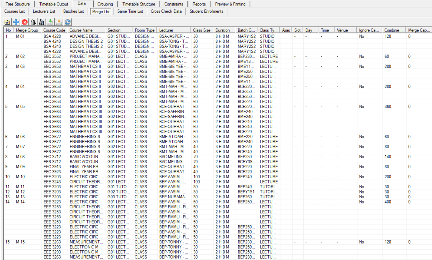 Timetable Plus Class, Merge List / Merge Group: merge list