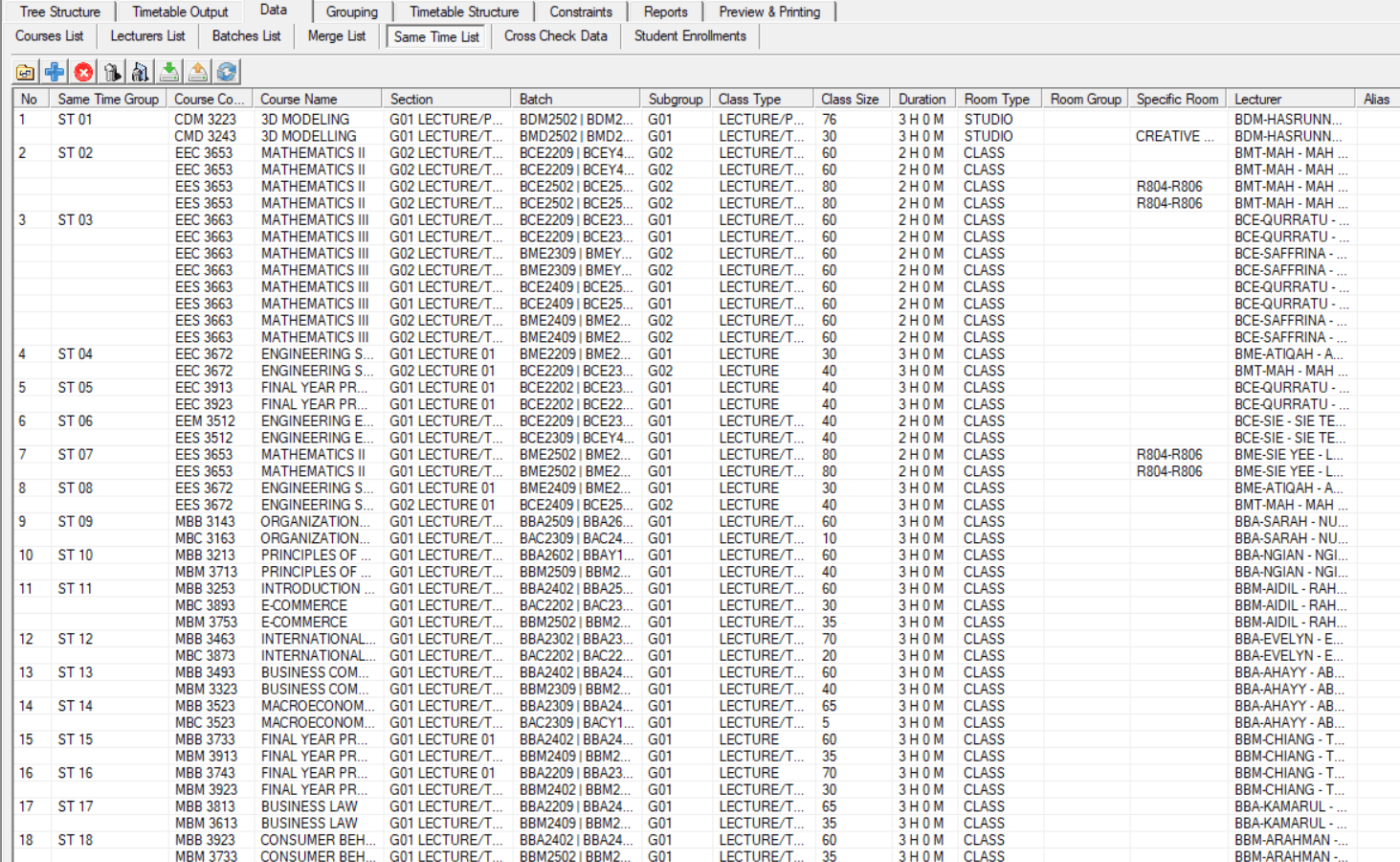 Timetable Plus Class, Same Time List / Same Time Group: same time list