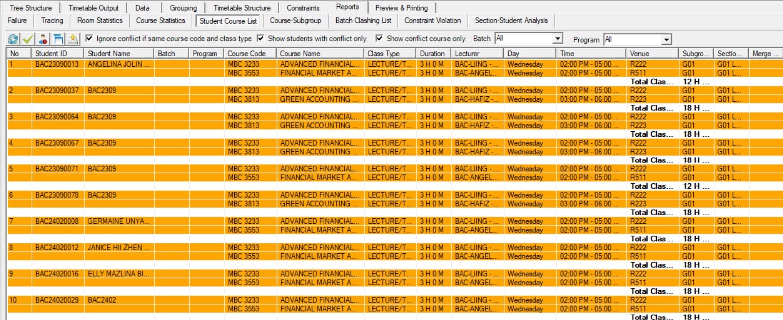 Timetable Plus Class, Student Clashing List