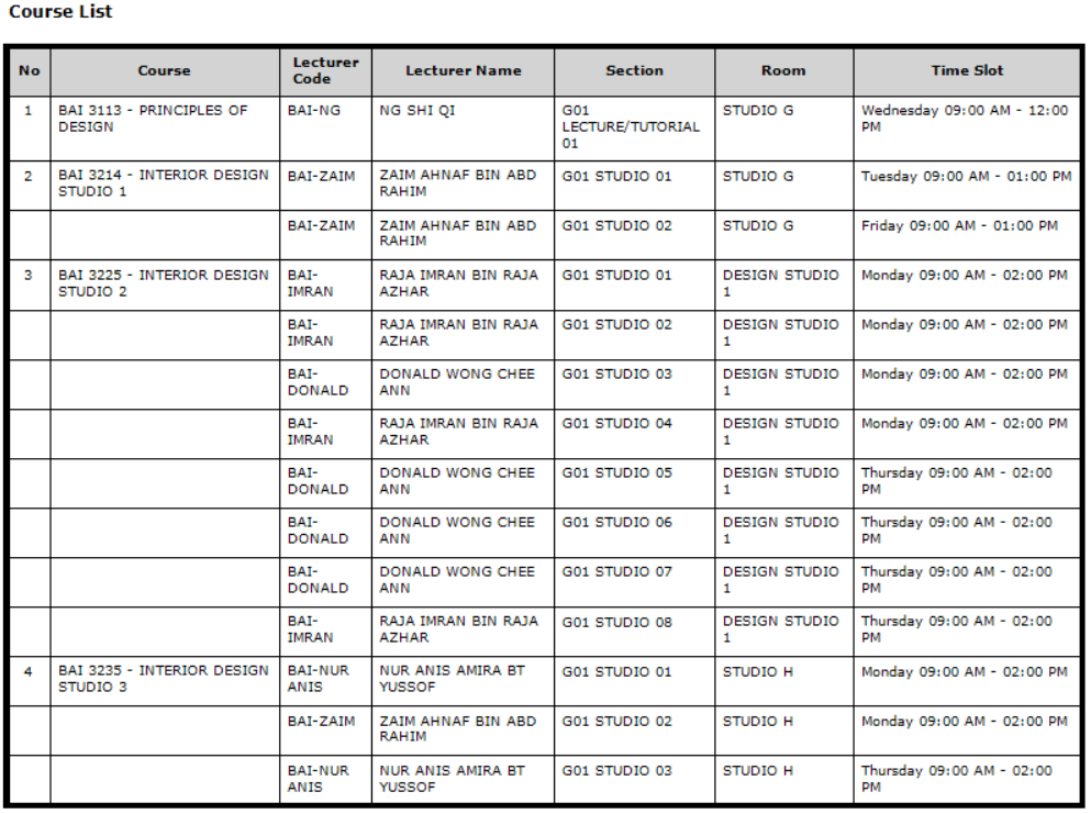 Timetable Plus Class, Summary (PDF & Web), Course List: pdf view