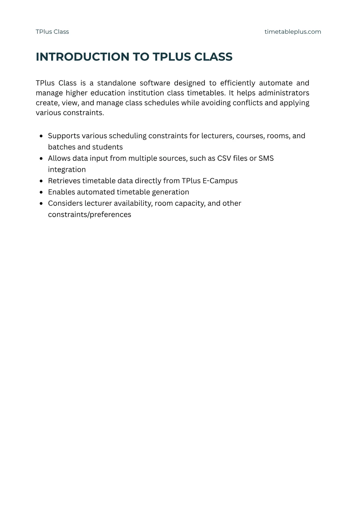 Timetable Plus Class Main Features, page 2: Introduction
