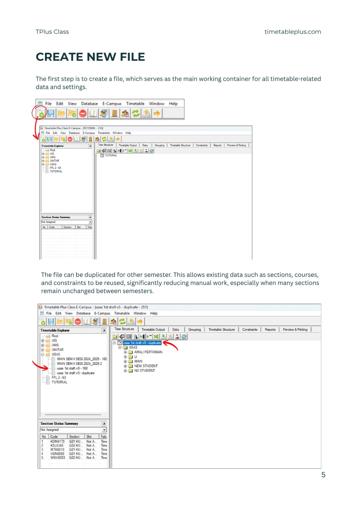 Timetable Plus Class Main Features, page 5: Create a new file