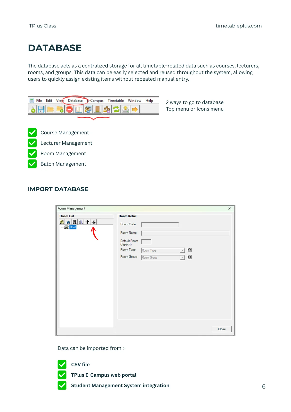 Timetable Plus Class Main Features, page 6: Database