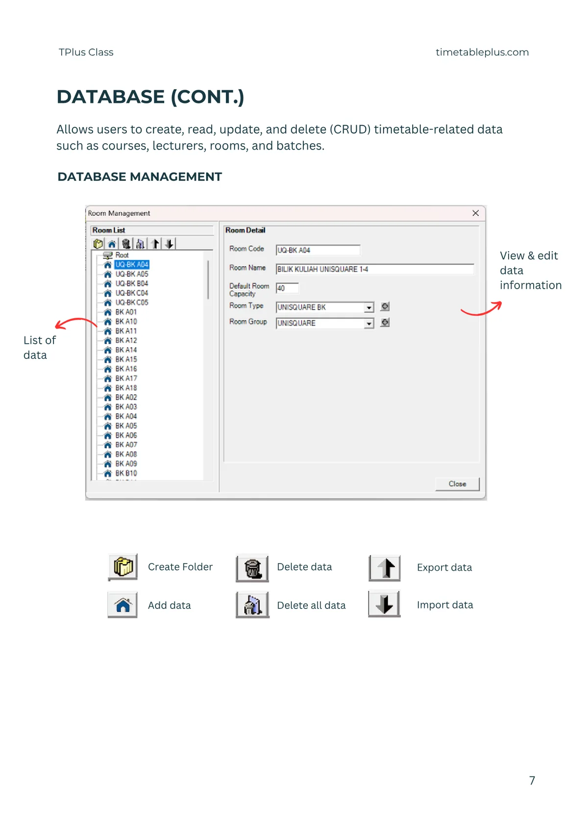 Timetable Plus Class Main Features, page 7: Database
