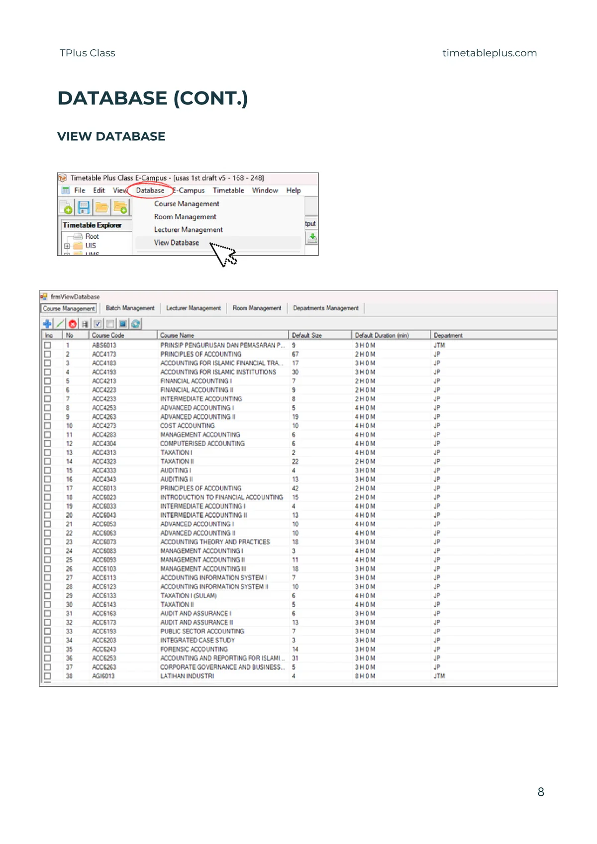 Timetable Plus Class Main Features, page 8: Database