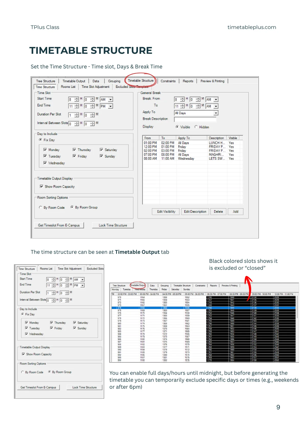 Timetable Plus Class Main Features, page 9: Timetable structure