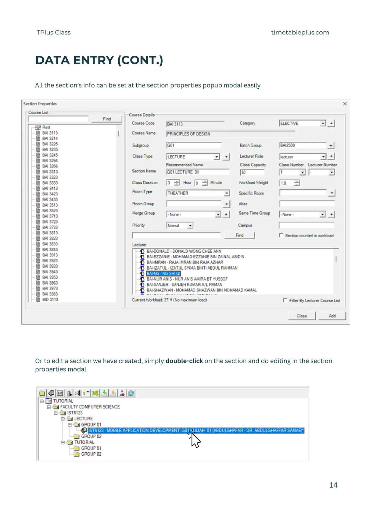 Timetable Plus Class Main Features, page 14: Data entry