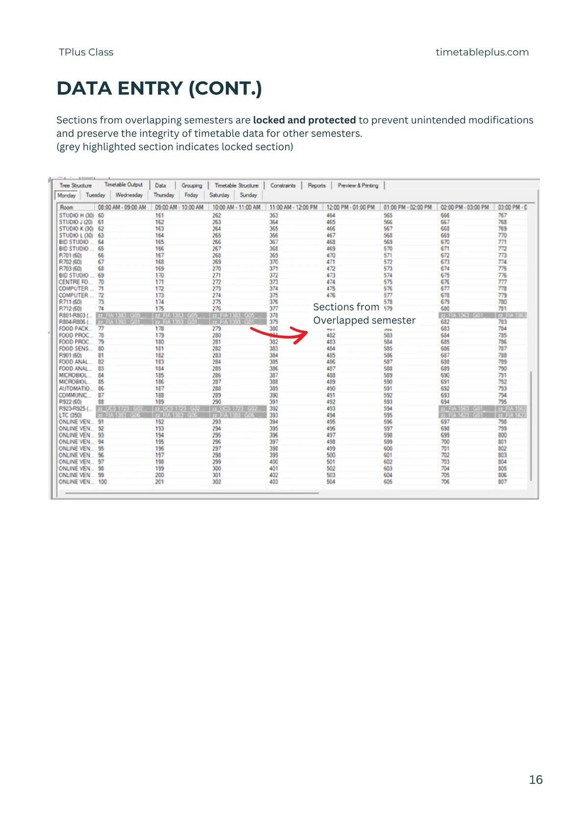 Timetable Plus Class Main Features, page 16: Data entry