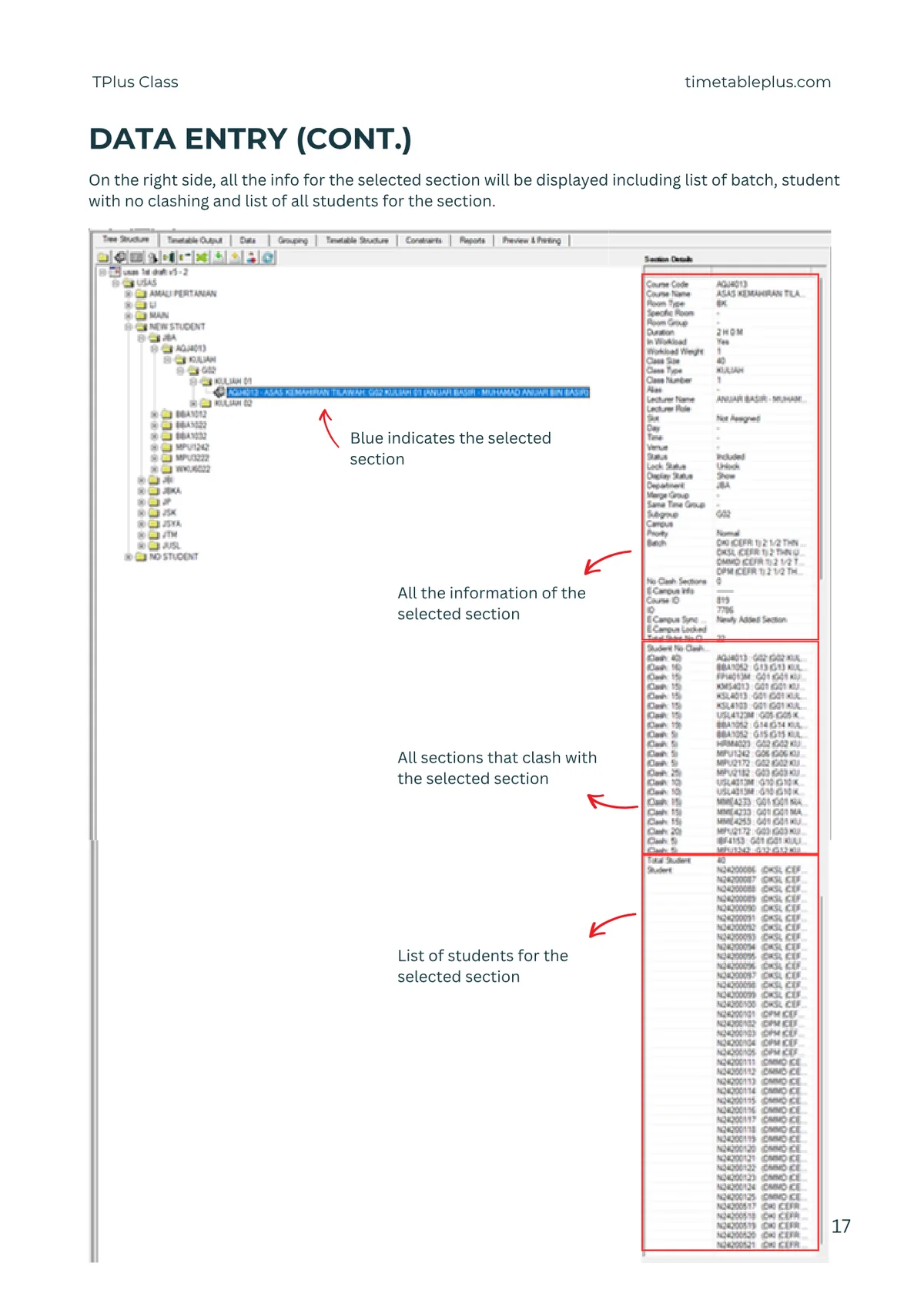 Timetable Plus Class Main Features, page 17: Data entry