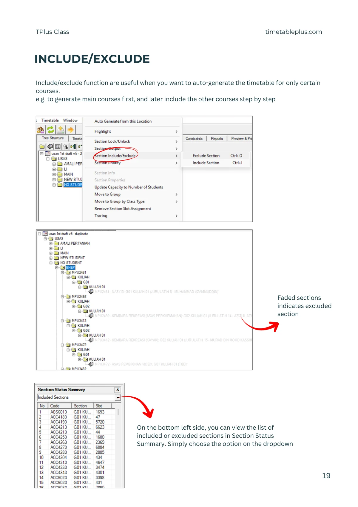 Timetable Plus Class Main Features, page 19: Include & exclude