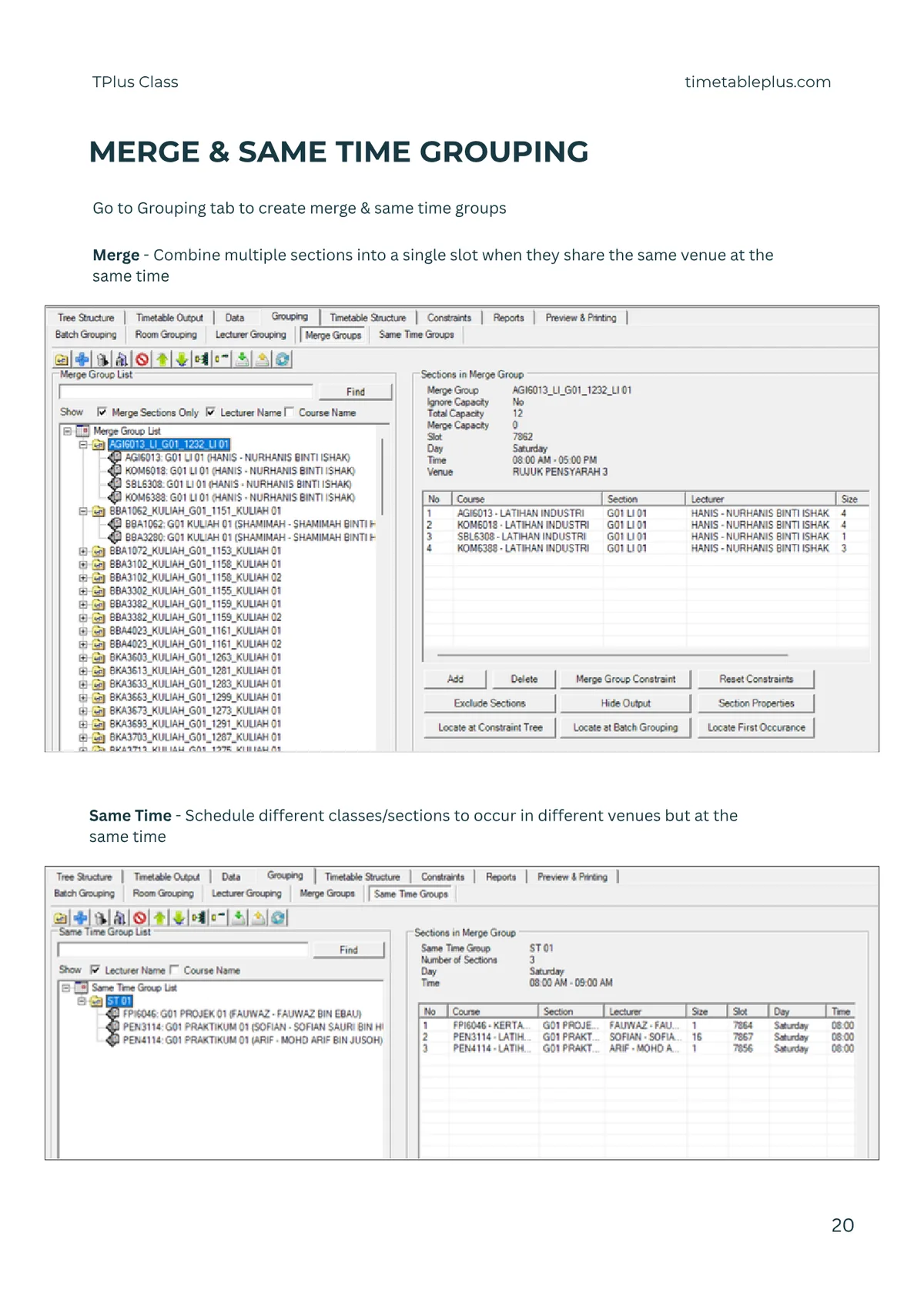 Timetable Plus Class Main Features, page 20: Merge & same-time grouping