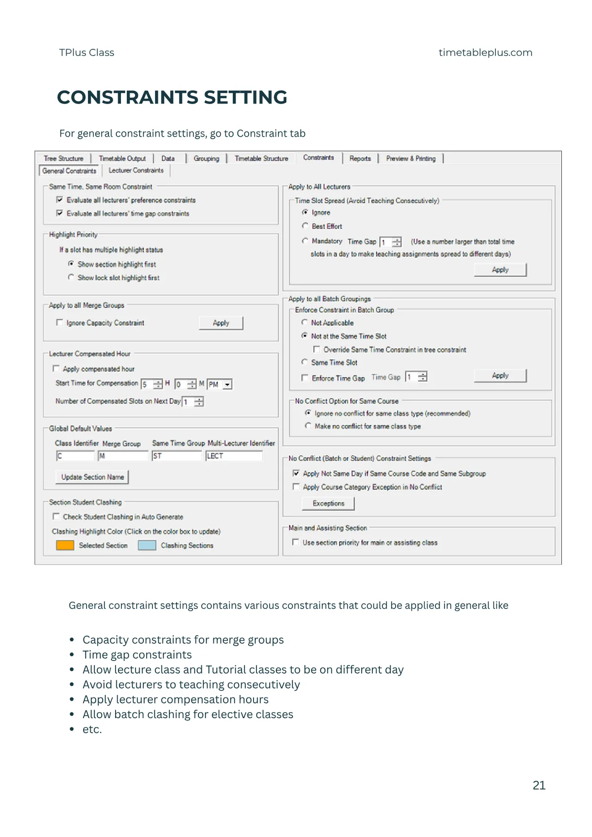 Timetable Plus Class Main Features, page 21: Constraint settings