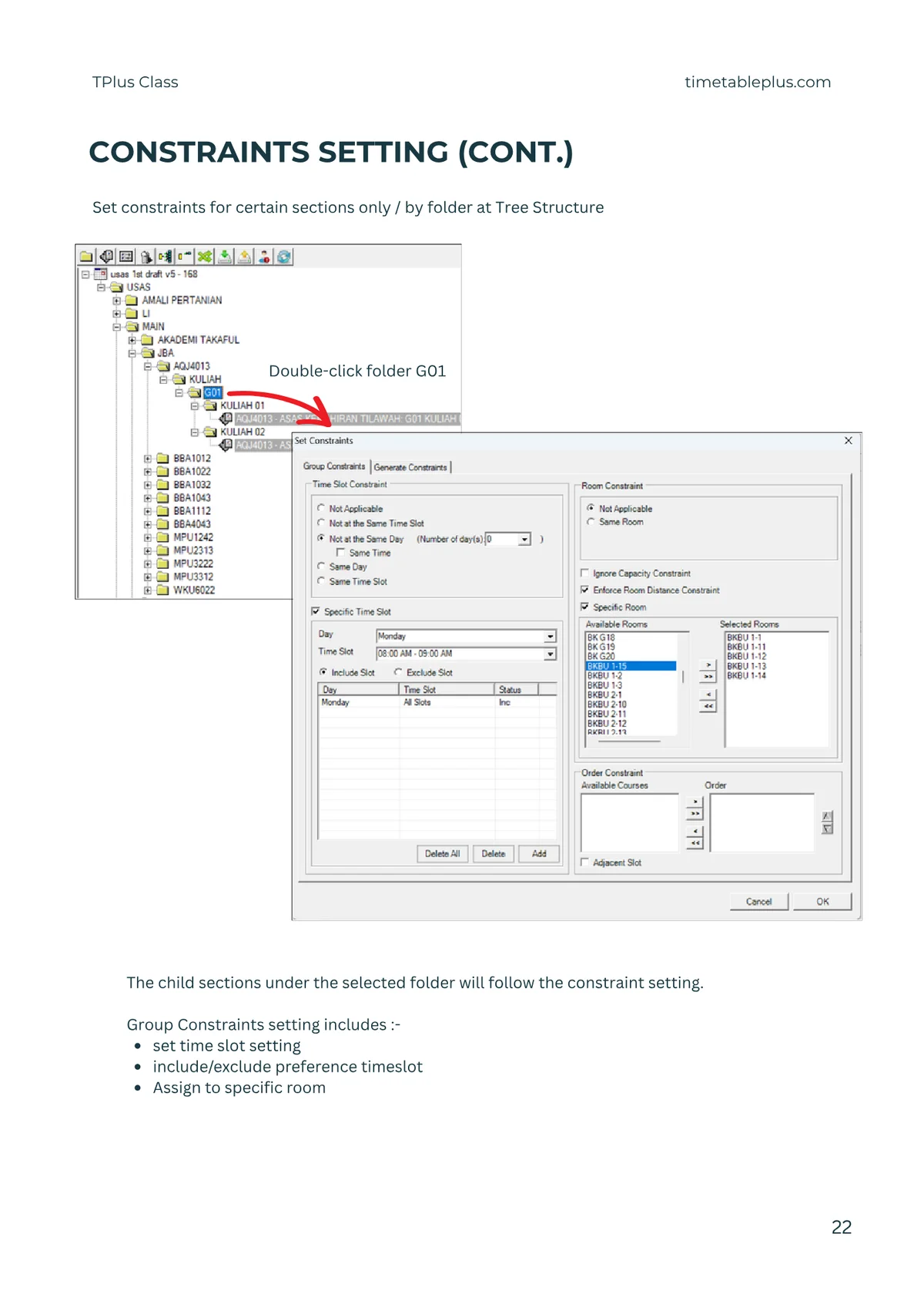 Timetable Plus Class Main Features, page 22: Constraint settings