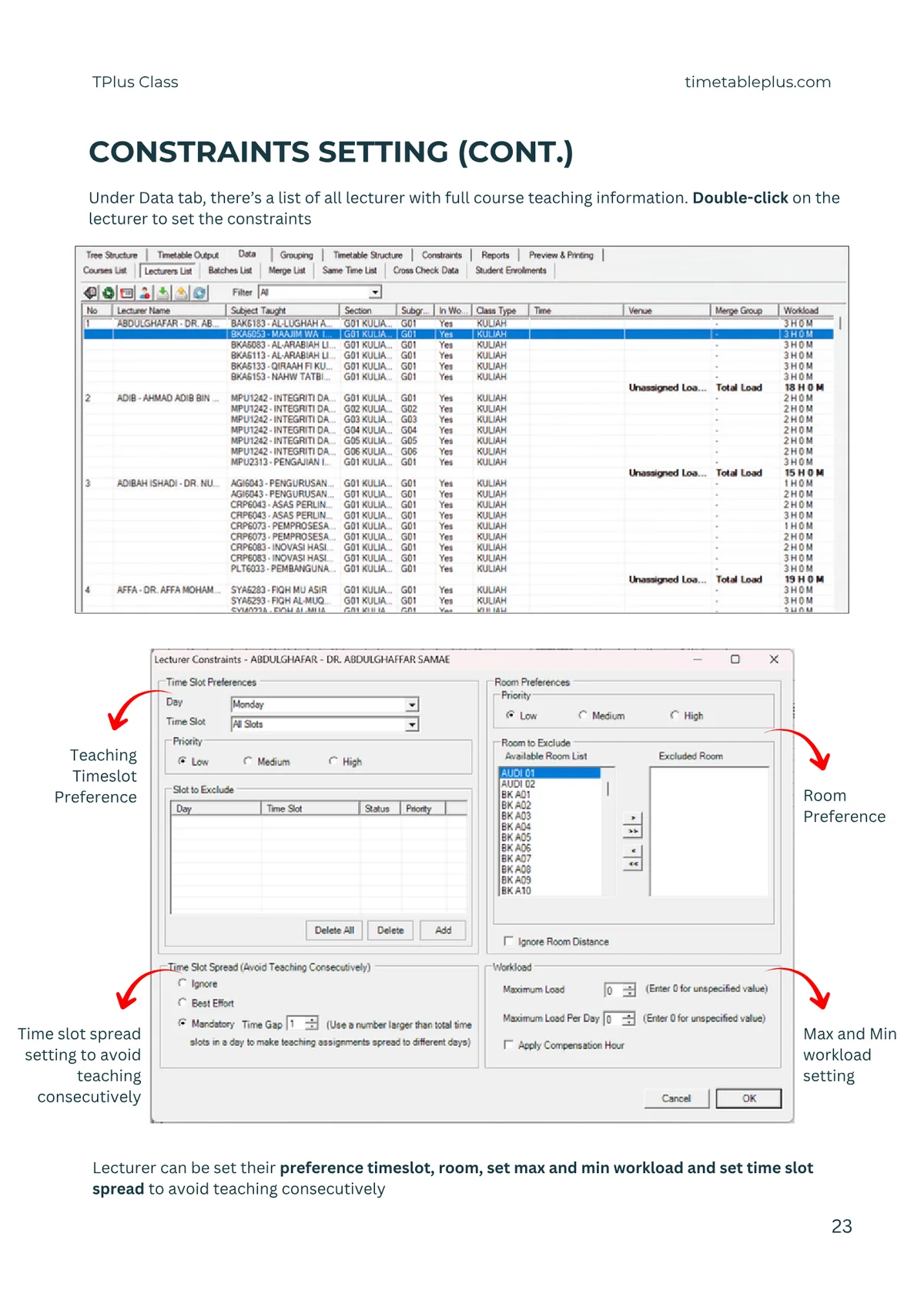 Timetable Plus Class Main Features, page 23: Constraint settings