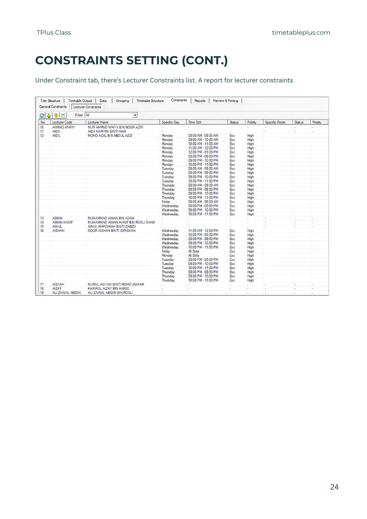 Timetable Plus Class Main Features, page 24: Constraint settings