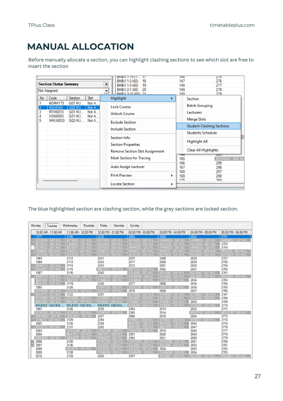Timetable Plus Class Main Features, page 27: Manual allocation