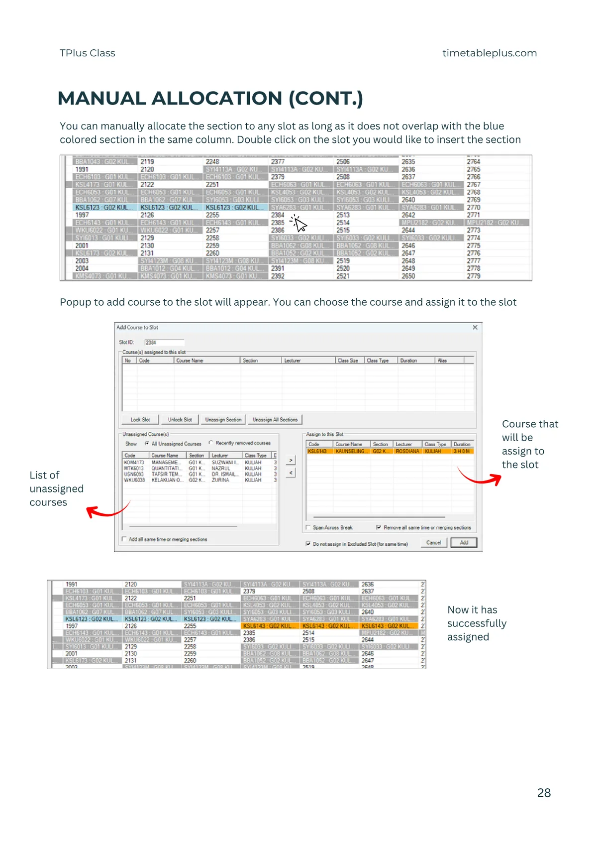 Timetable Plus Class Main Features, page 28: Manual allocation