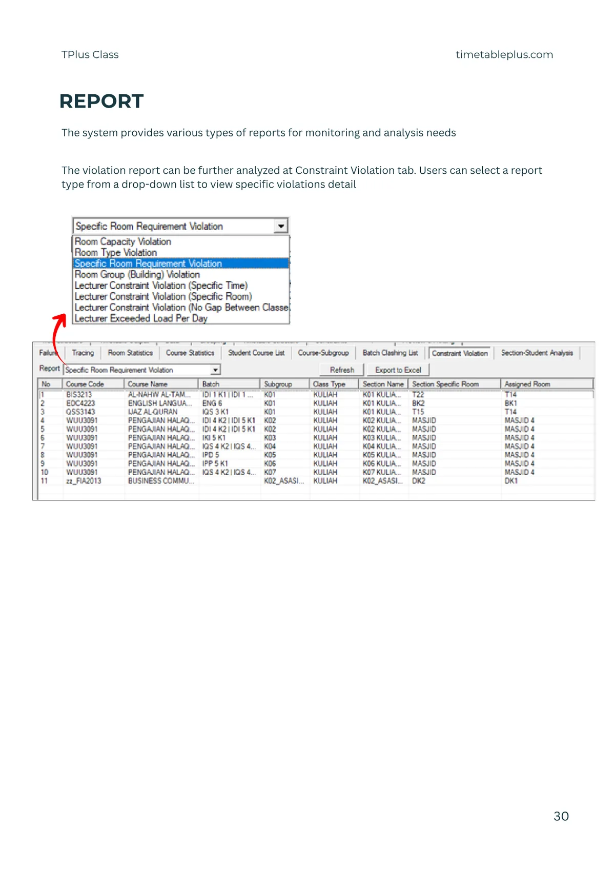 Timetable Plus Class Main Features, page 30: Reports