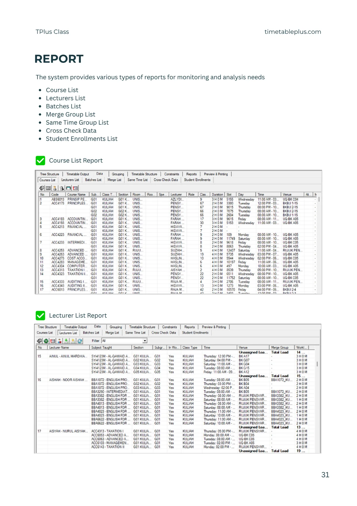 Timetable Plus Class Main Features, page 31: Reports