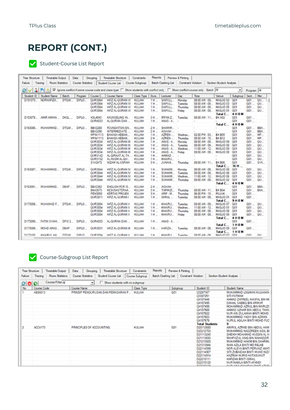 Timetable Plus Class Main Features, page 32: Reports