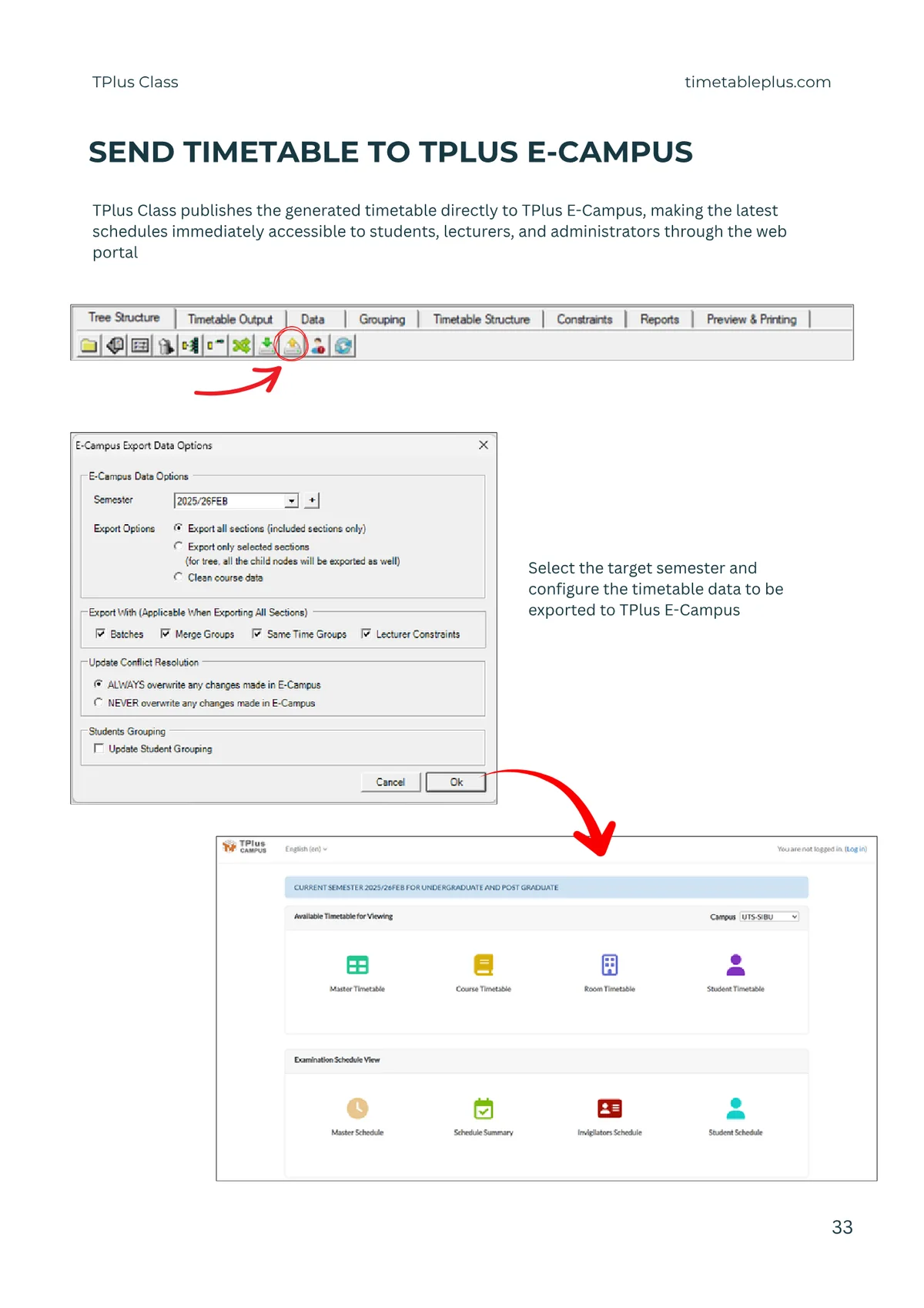 Timetable Plus Class Main Features, page 33: Send to Timetable Plus E-Campus