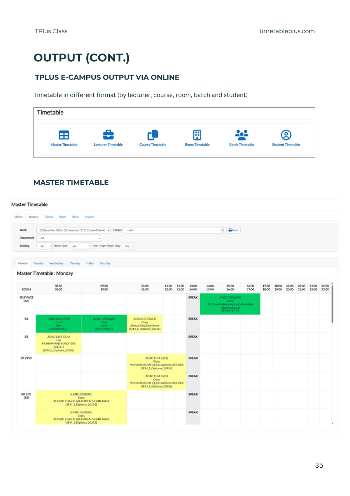 Timetable Plus Class Main Features, page 35: Output