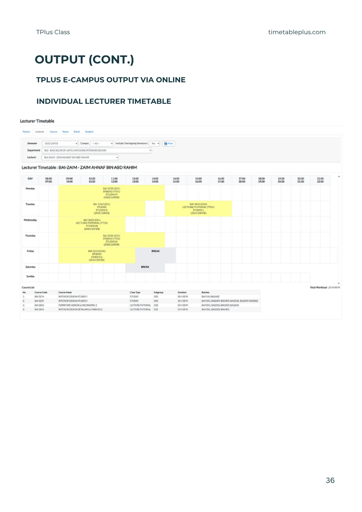 Timetable Plus Class Main Features, page 36: Output