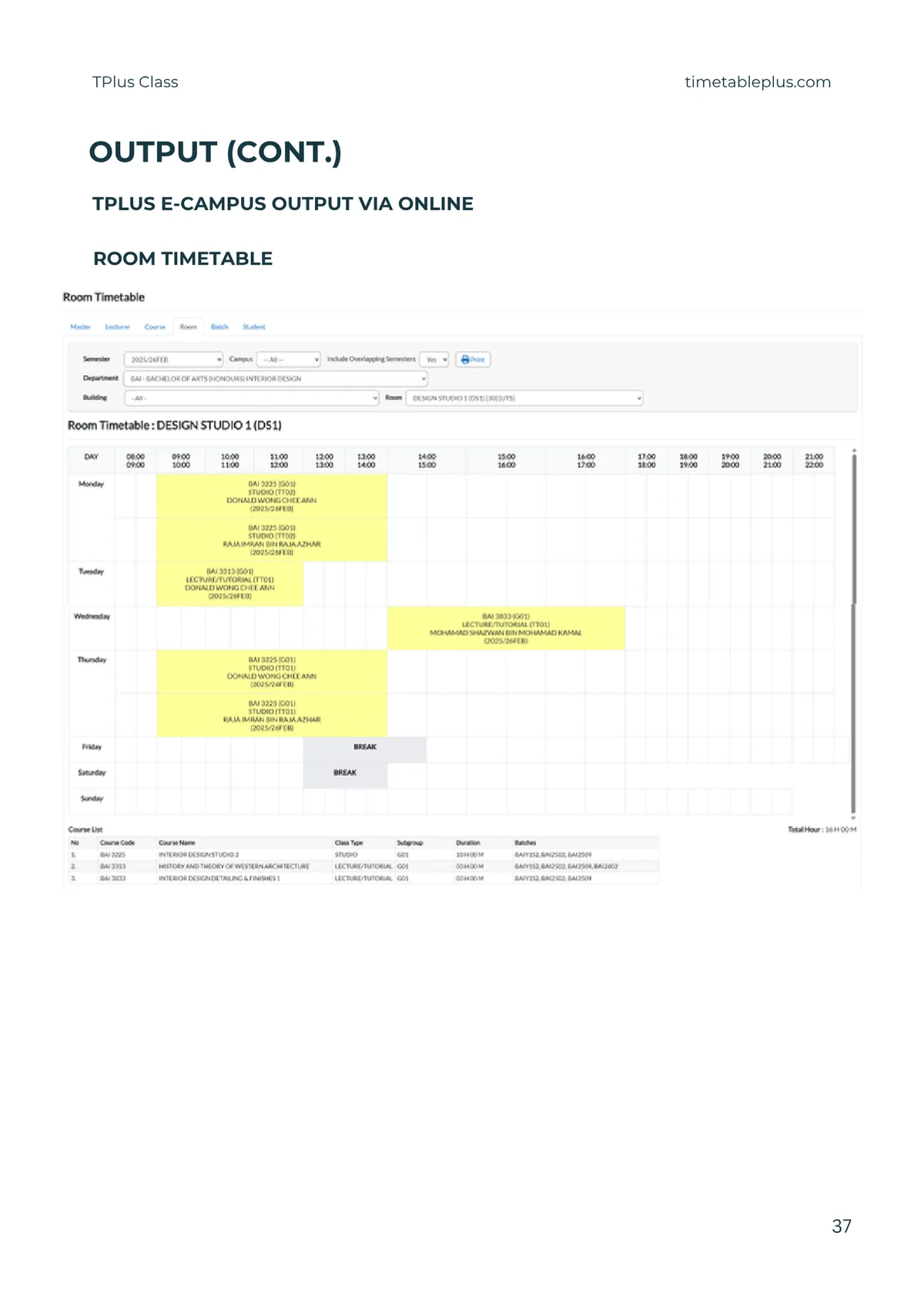 Timetable Plus Class Main Features, page 37: Output