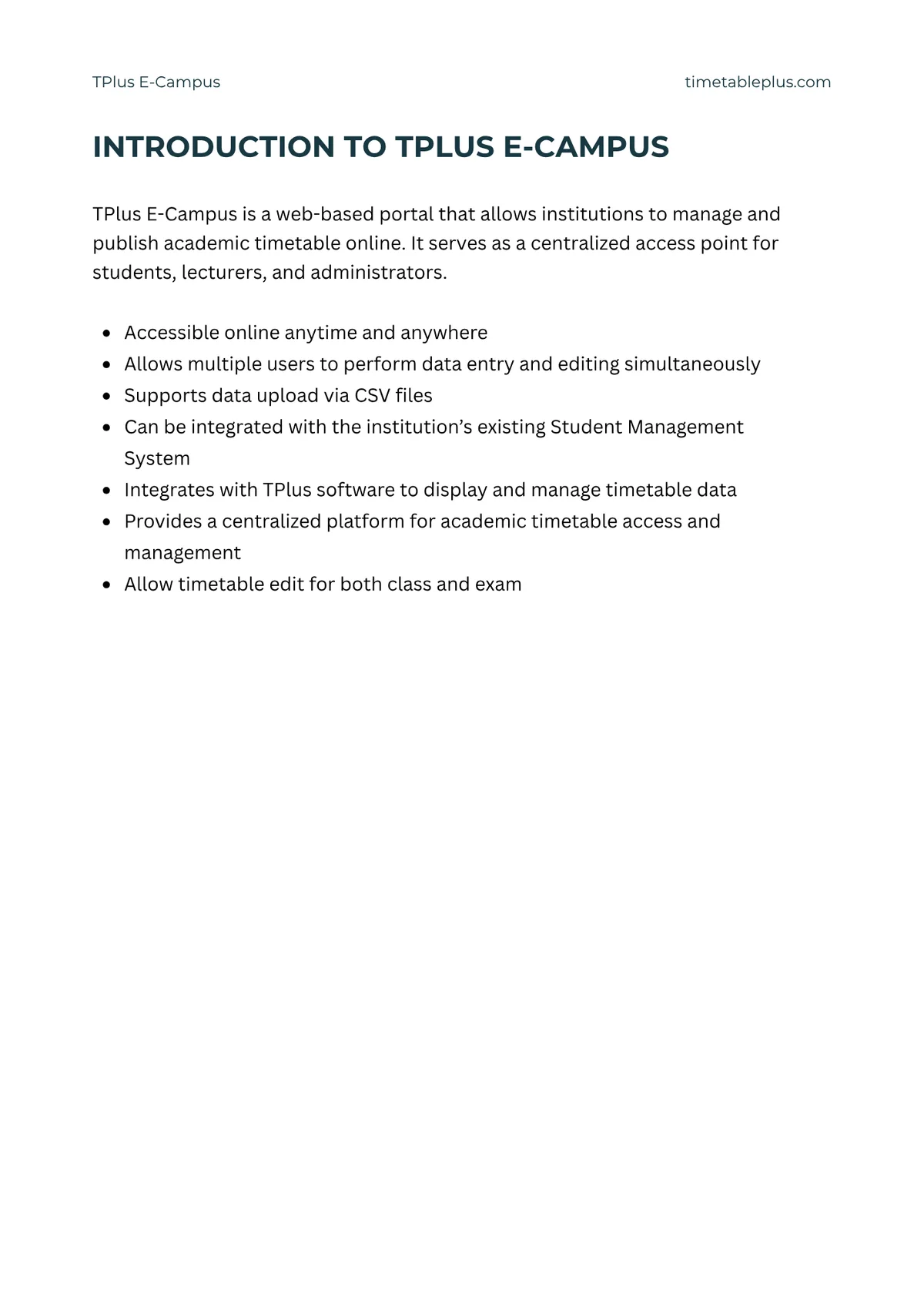 Timetable Plus E-Campus Main Features, page 2: Introduction