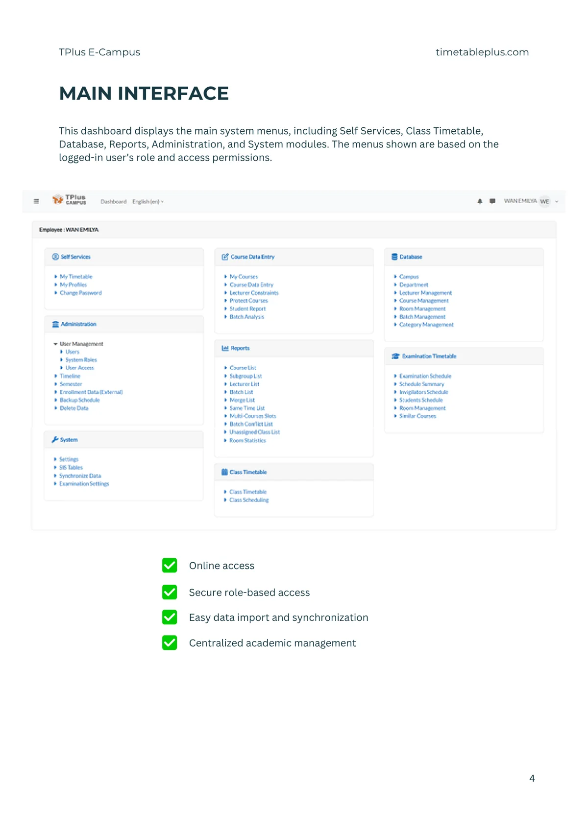 Timetable Plus E-Campus Main Features, page 4: Main interface