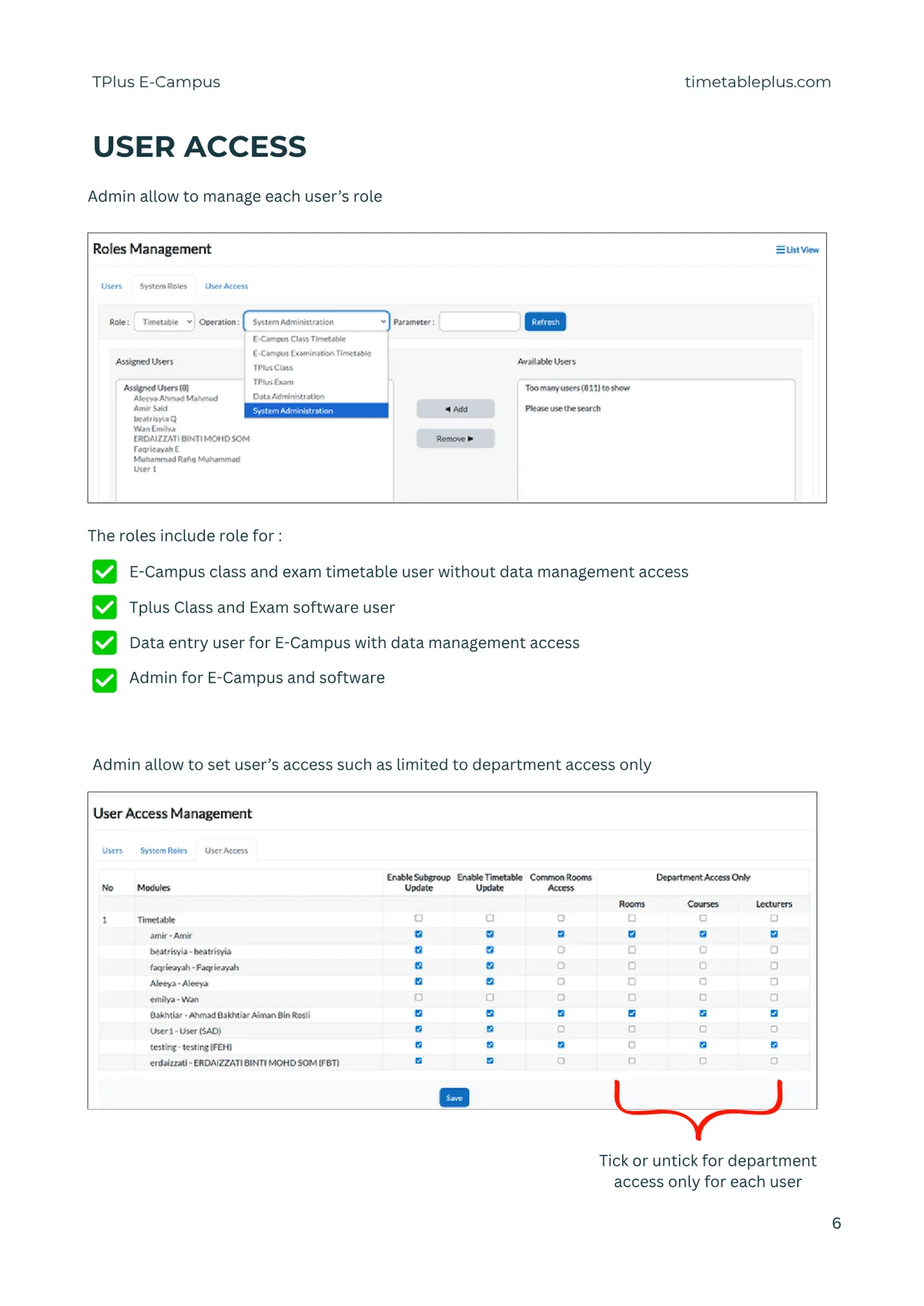 Timetable Plus E-Campus Main Features, page 6: User management & access