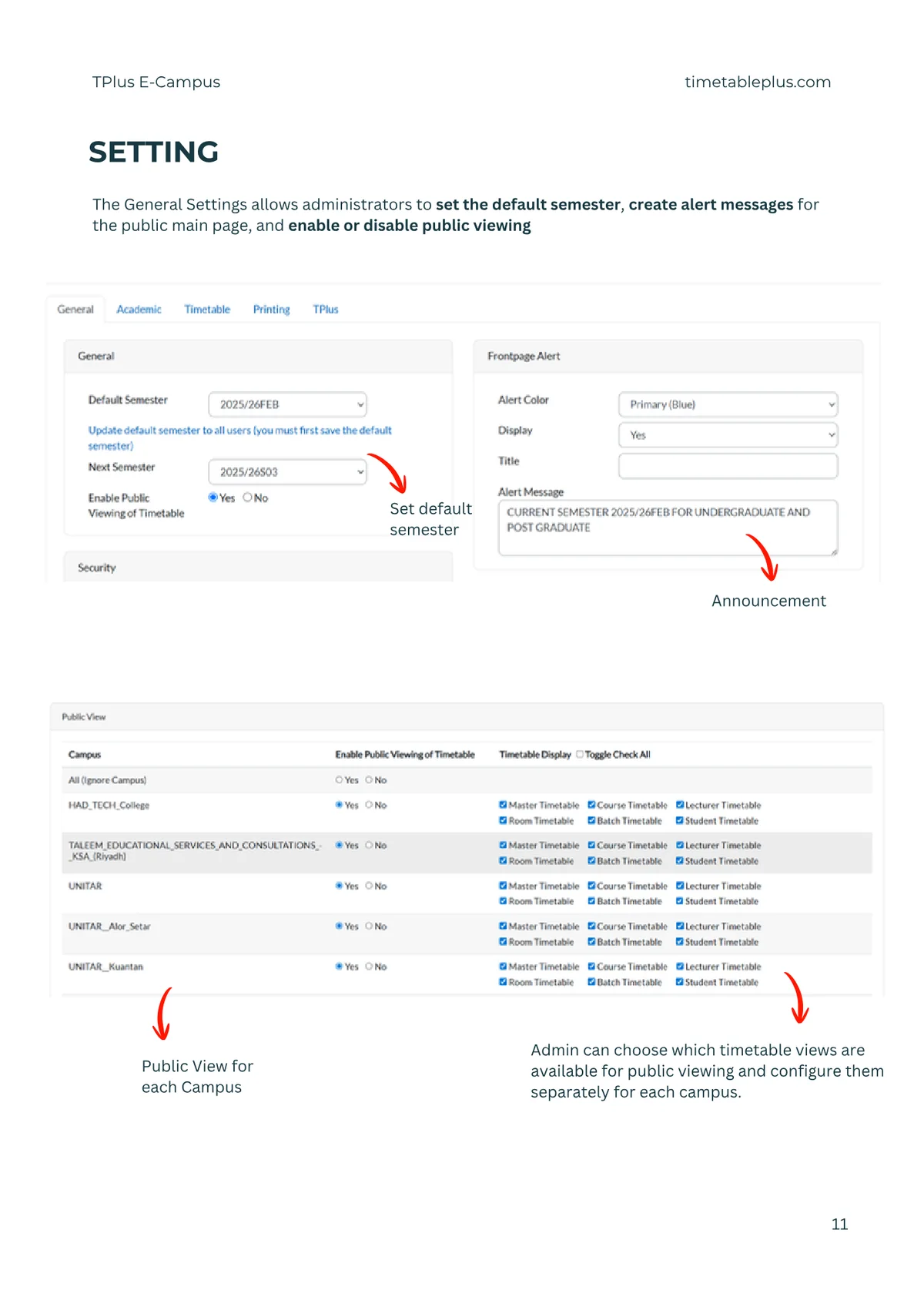 Timetable Plus E-Campus Main Features, page 11: Settings