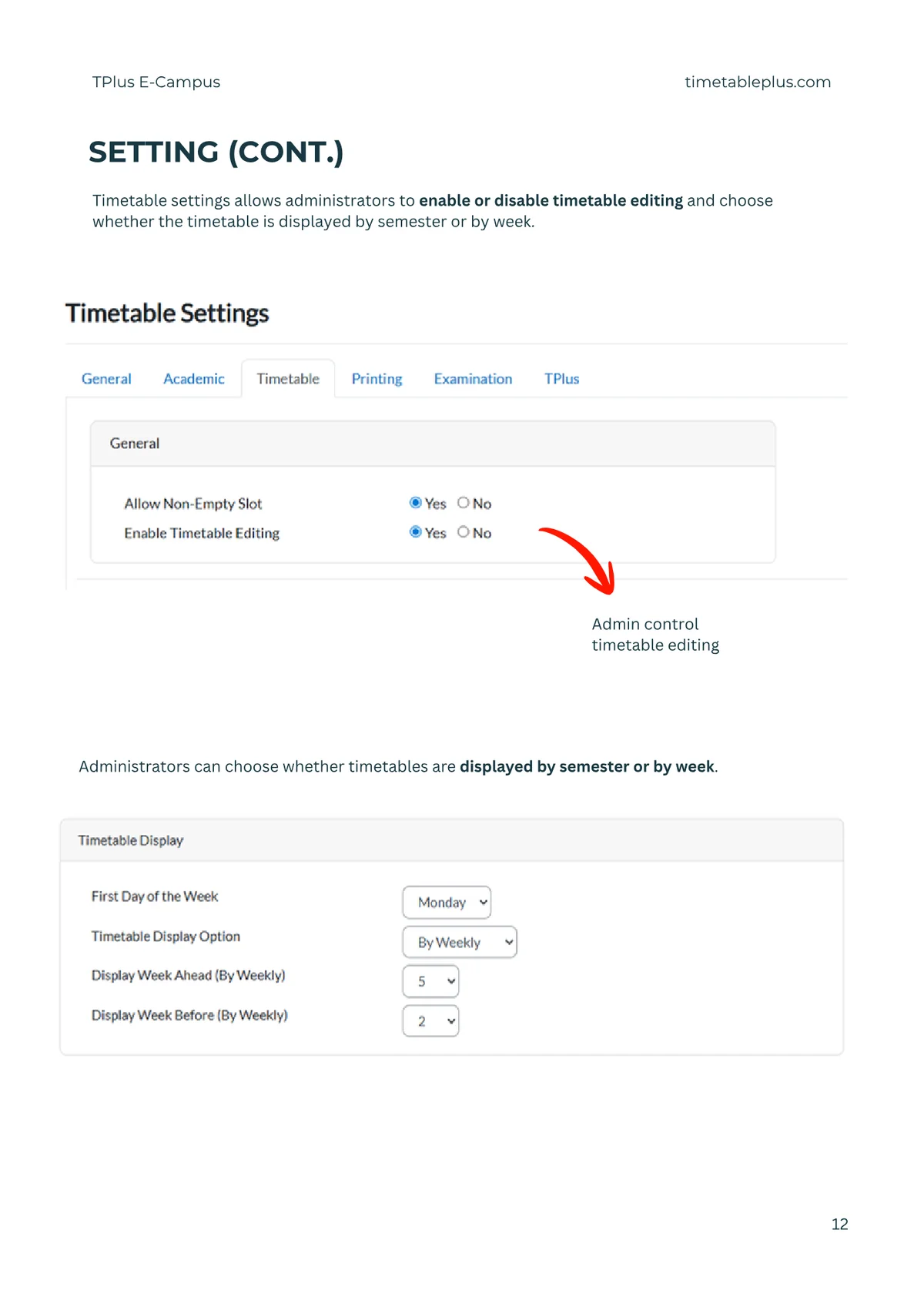 Timetable Plus E-Campus Main Features, page 12: Settings