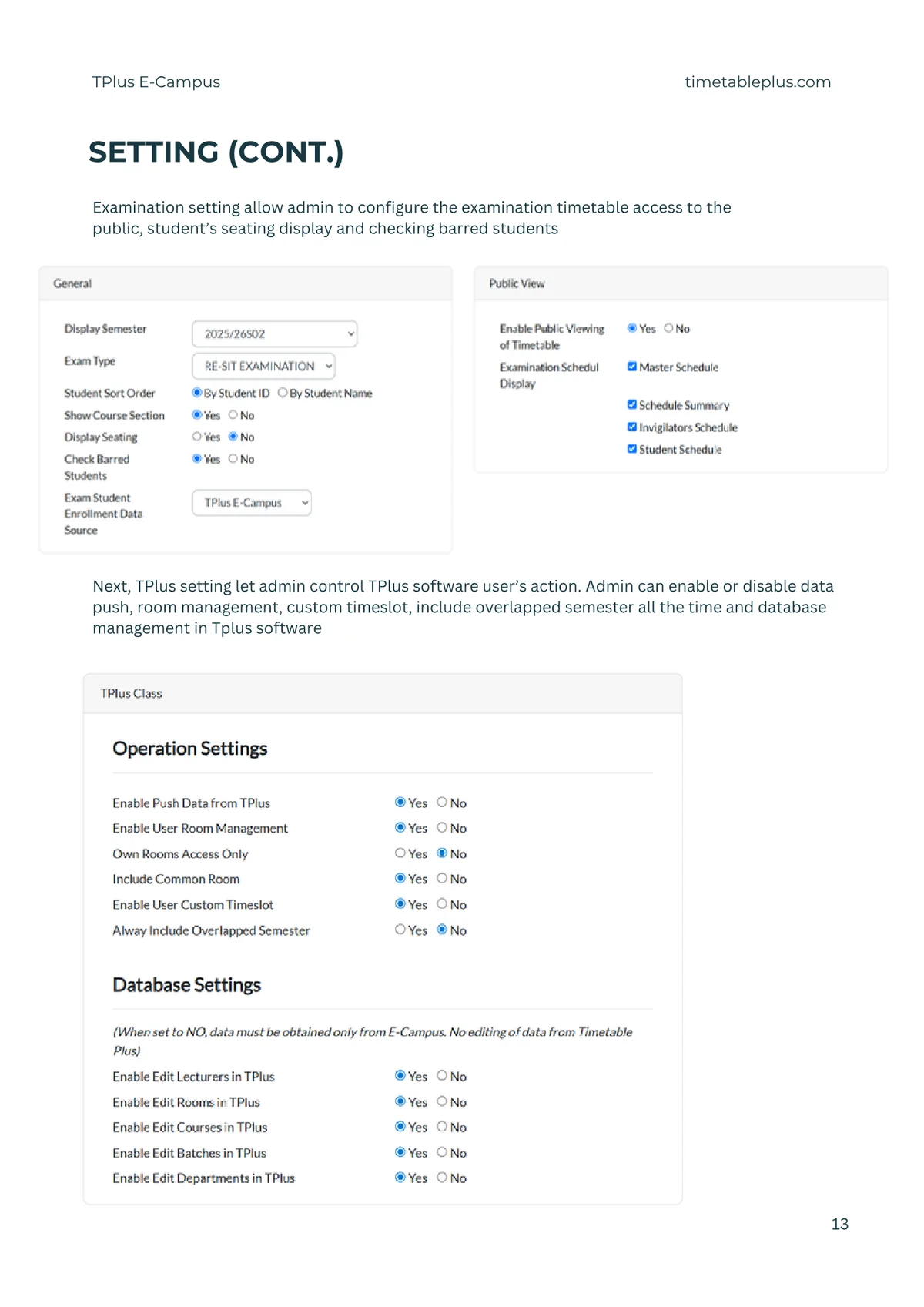 Timetable Plus E-Campus Main Features, page 13: Settings