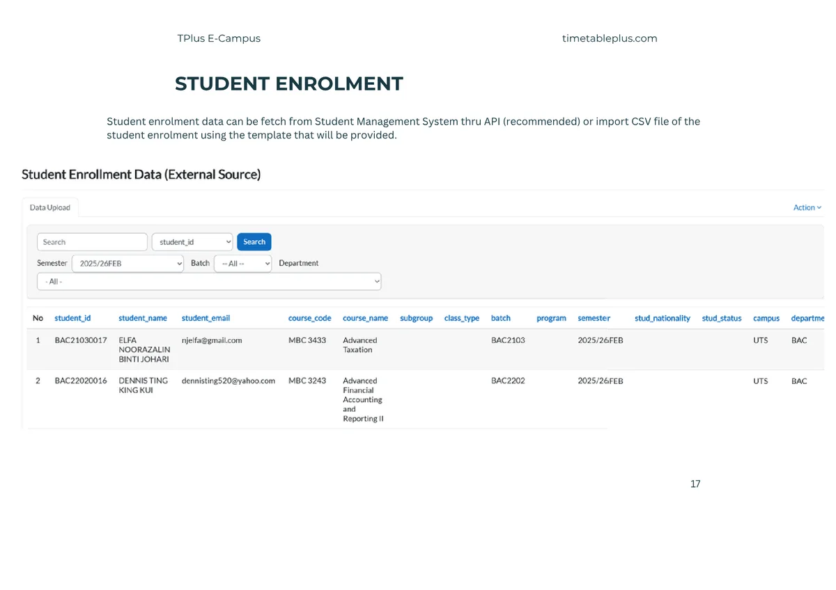 Timetable Plus E-Campus Main Features, page 17: Student enrolment