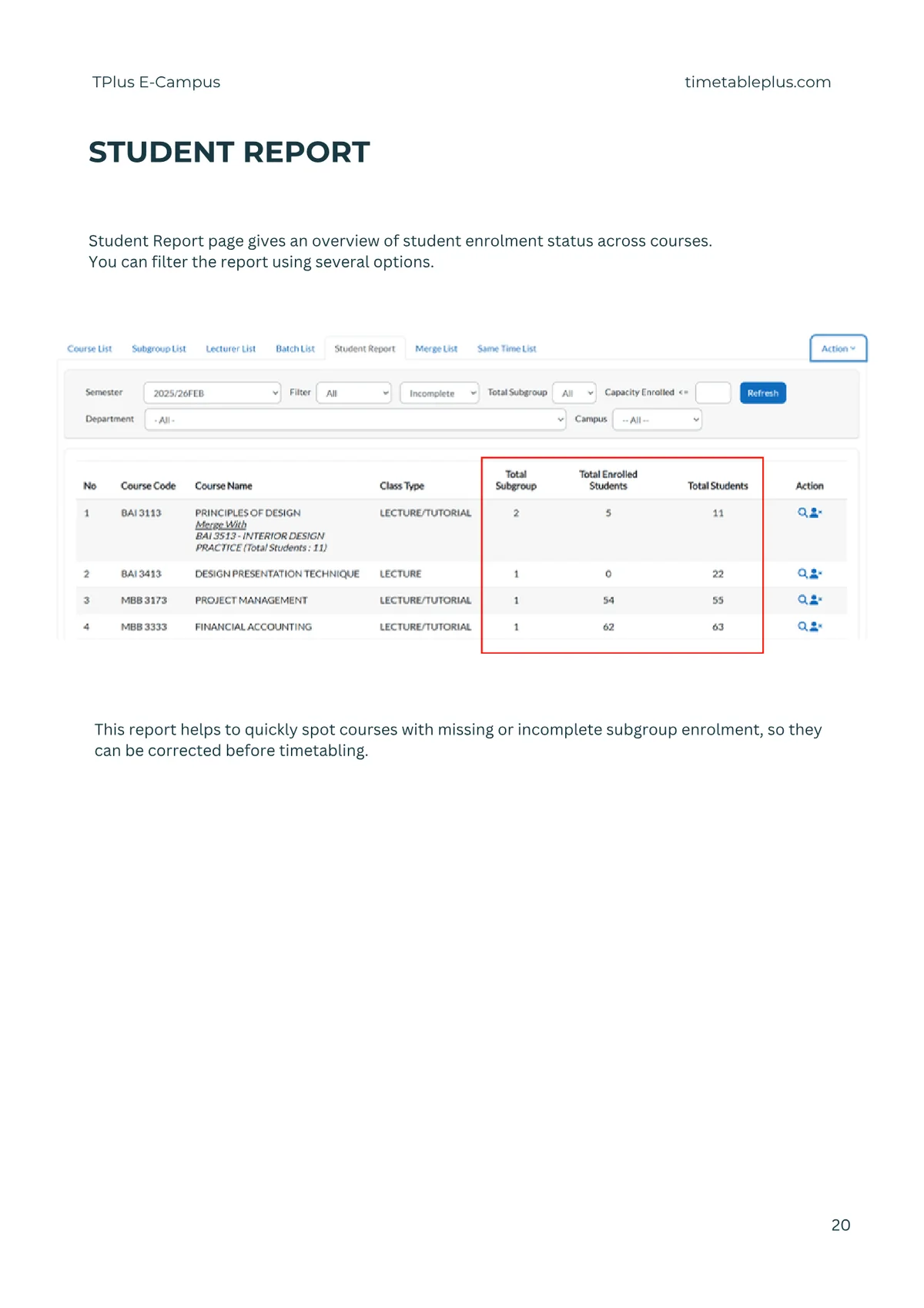 Timetable Plus E-Campus Main Features, page 20: Student report