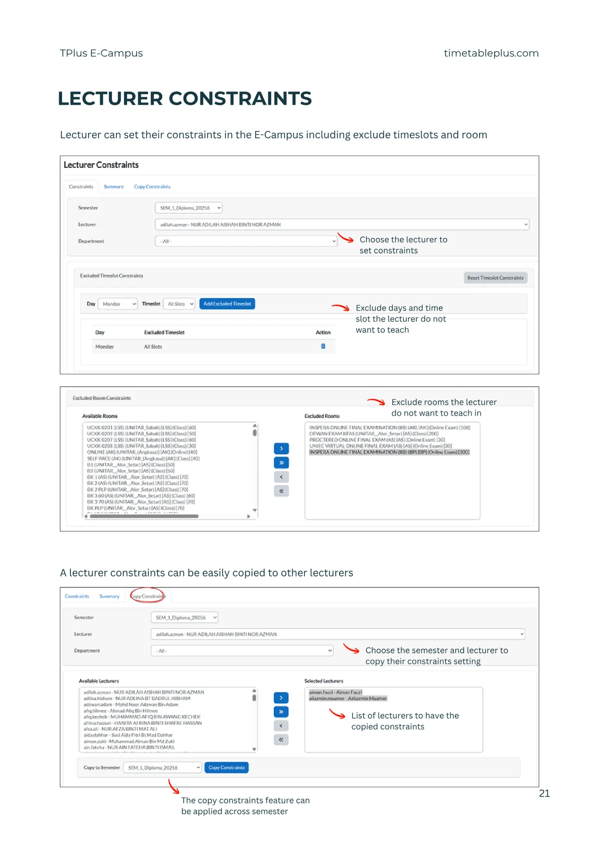 Timetable Plus E-Campus Main Features, page 21: Lecturer constraints