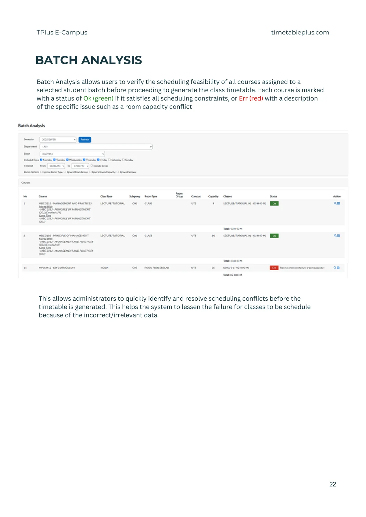 Timetable Plus E-Campus Main Features, page 22: Batch analysis