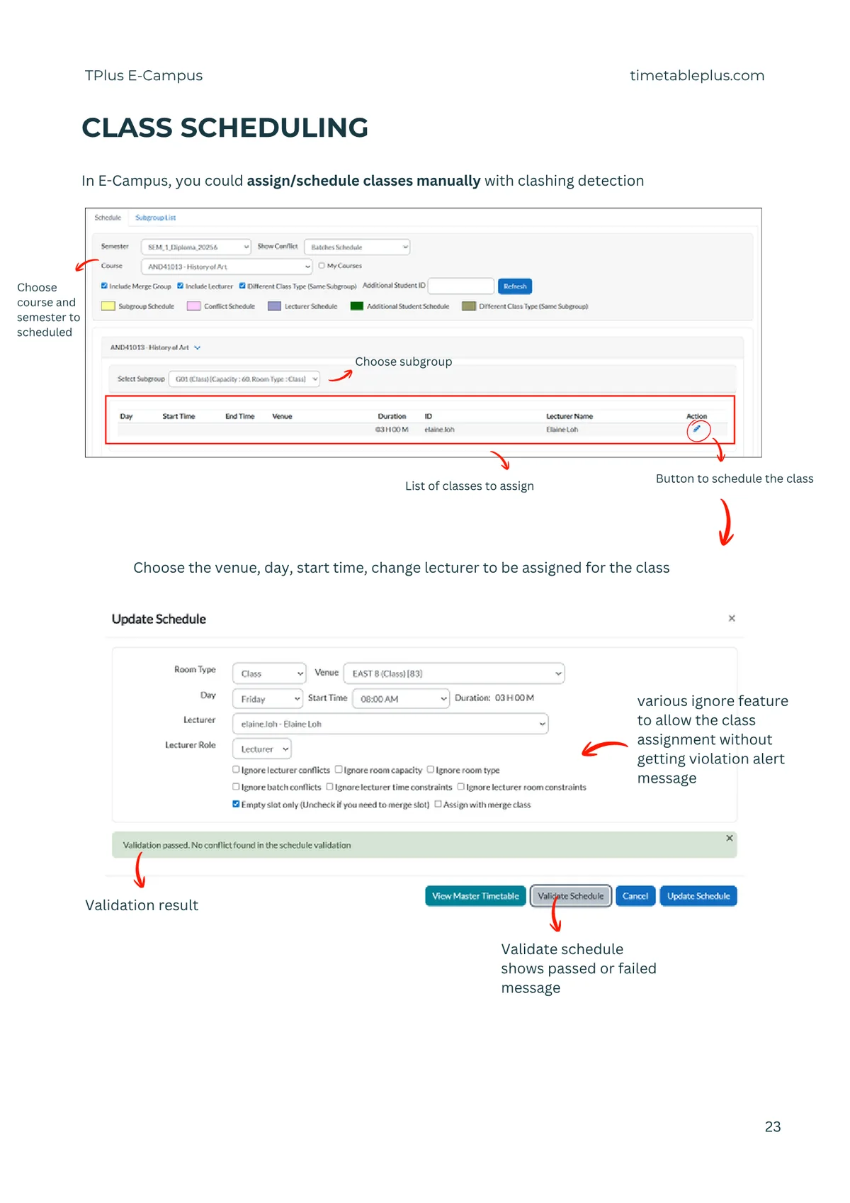 Timetable Plus E-Campus Main Features, page 23: Class scheduling