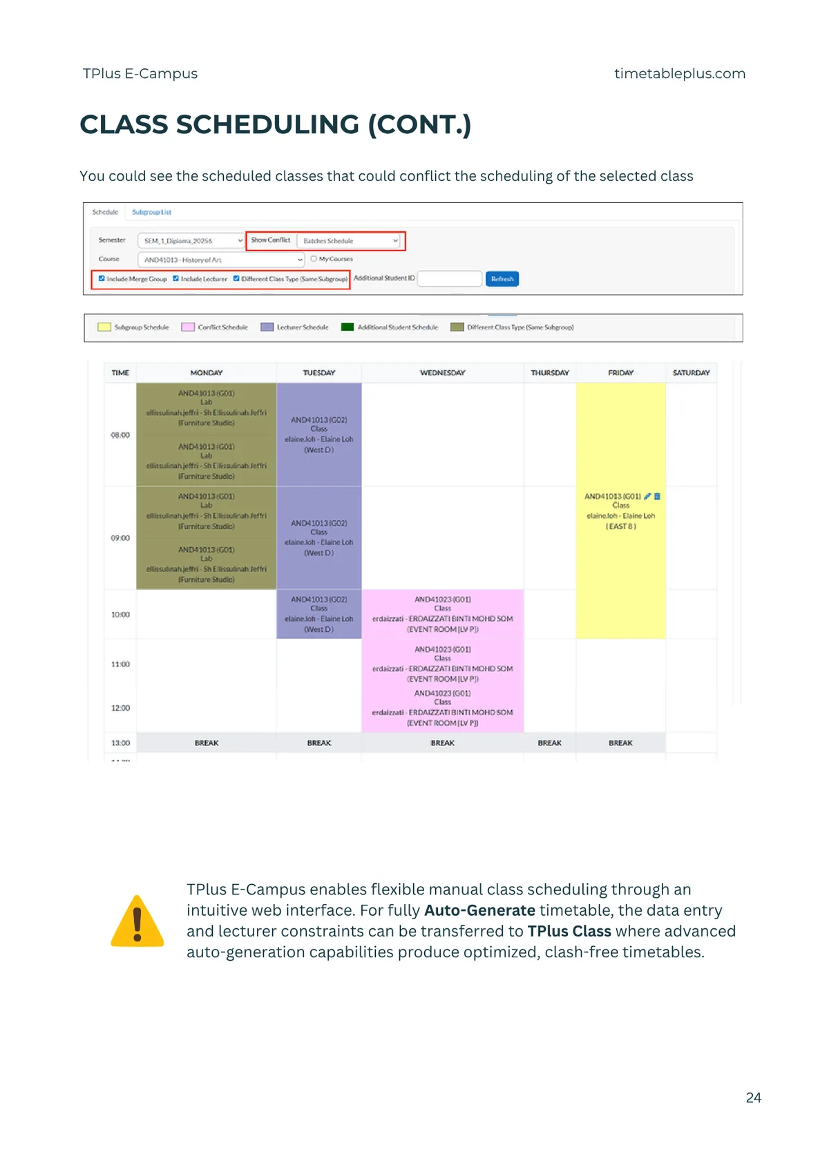 Timetable Plus E-Campus Main Features, page 24: Class scheduling