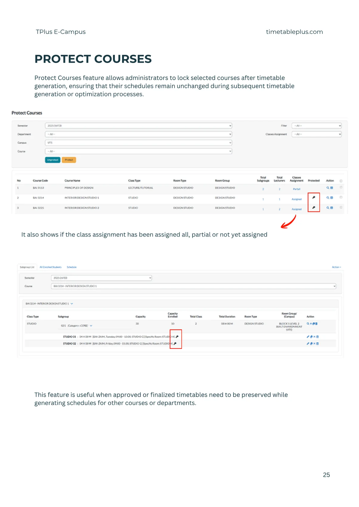Timetable Plus E-Campus Main Features, page 25: Protect courses