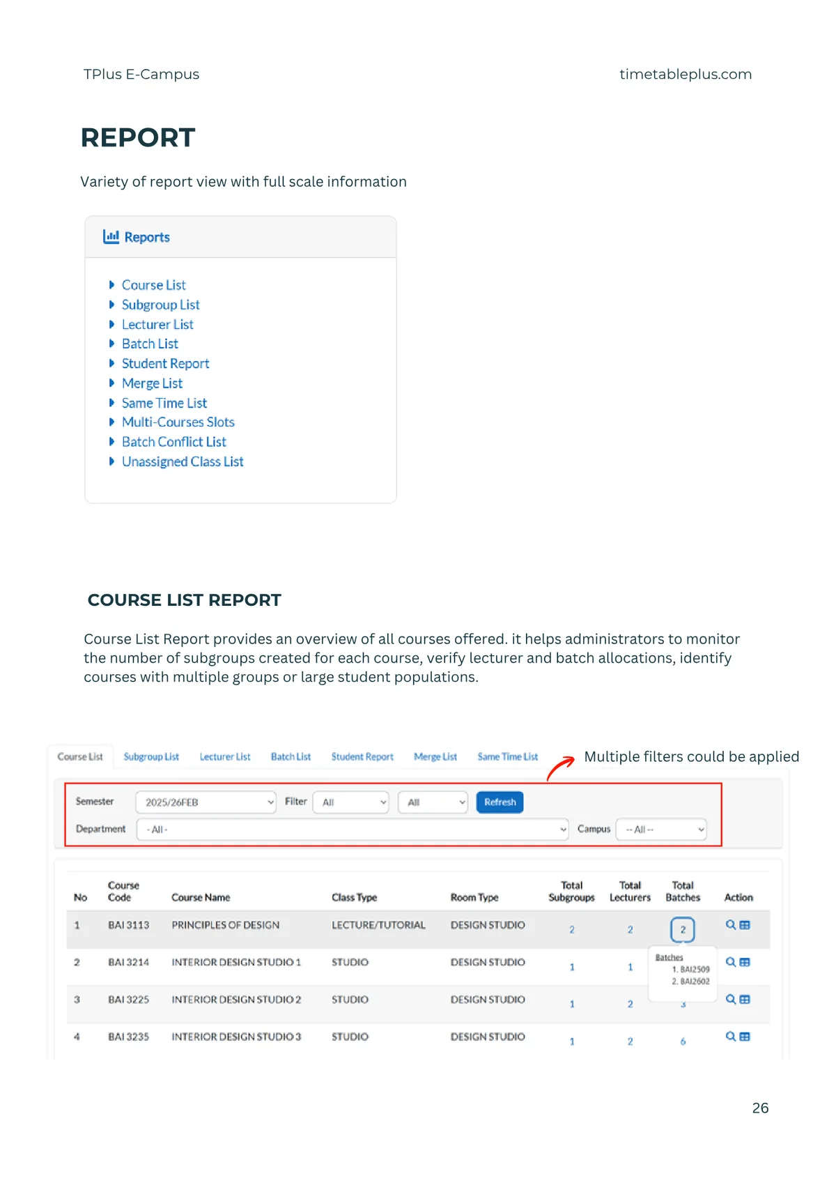 Timetable Plus E-Campus Main Features, page 26: Reports