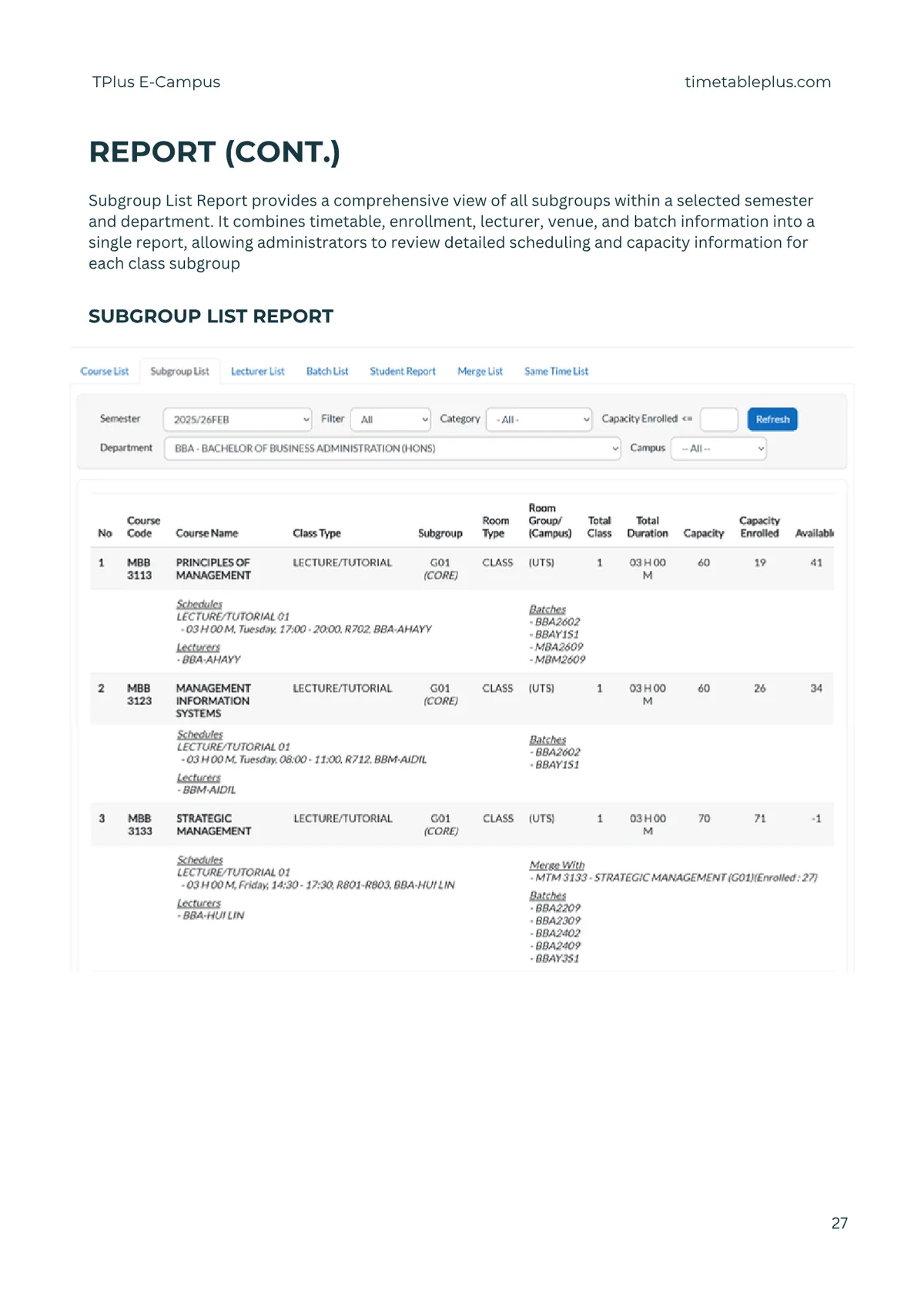 Timetable Plus E-Campus Main Features, page 27: Reports