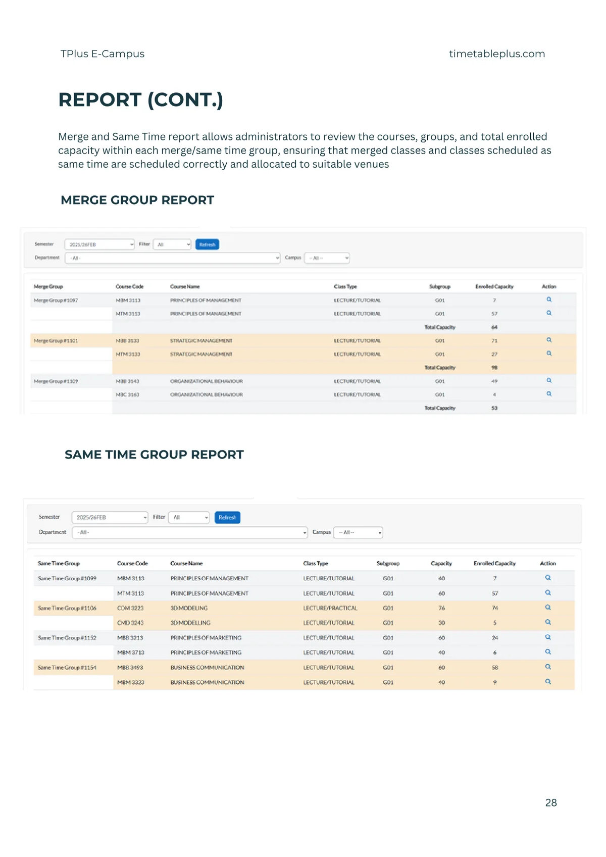 Timetable Plus E-Campus Main Features, page 28: Reports