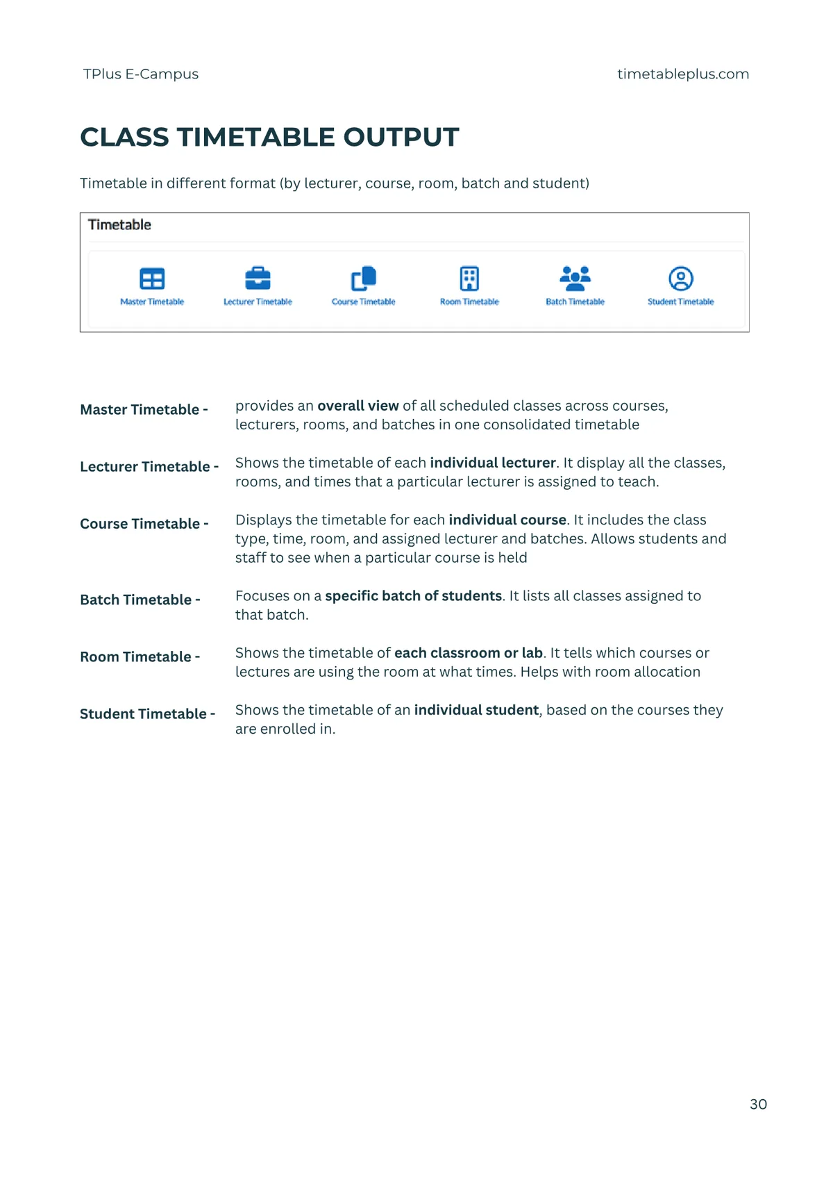 Timetable Plus E-Campus Main Features, page 30: Class timetable output